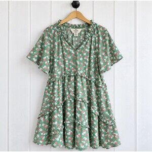 Entro Green Pink Floral Tiered Mini Dress Cottagecore Boho Romantic Size Medium